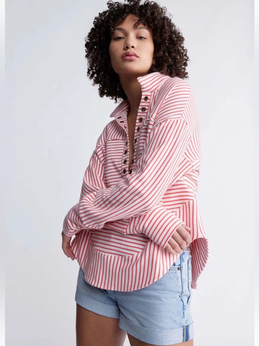 Anthropologie Pullover Quarter V-Neck Shirt Oversized Small Red Stripes Pilcro - Picture 3 of 12